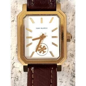 Tory Burch Robinson TBW1503 Womens Brown Leather Gold Crystal Rectangular Watch